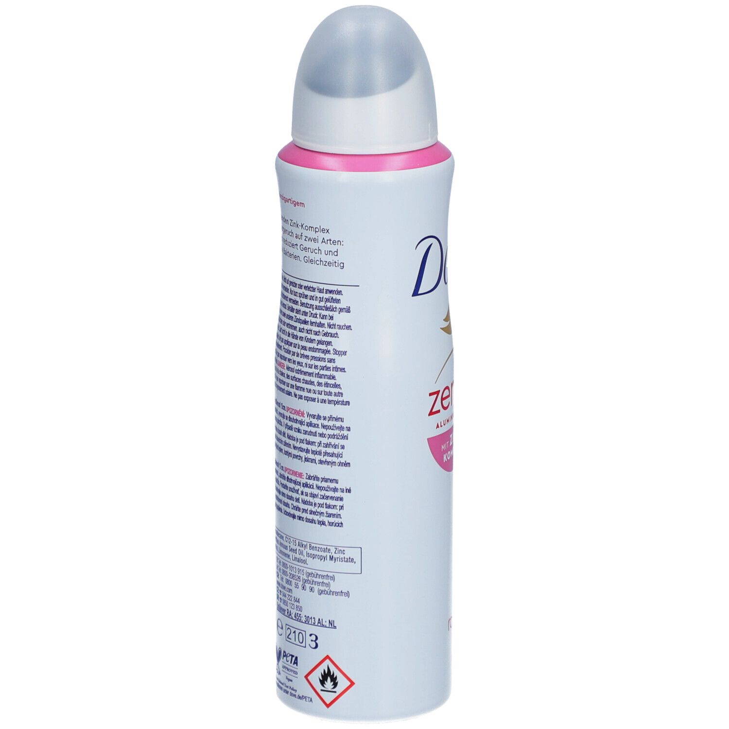 Spray déodorant Dove, dos. Texte en plusieurs langues. Contient des informations sur les ingrédients et le fabricant.