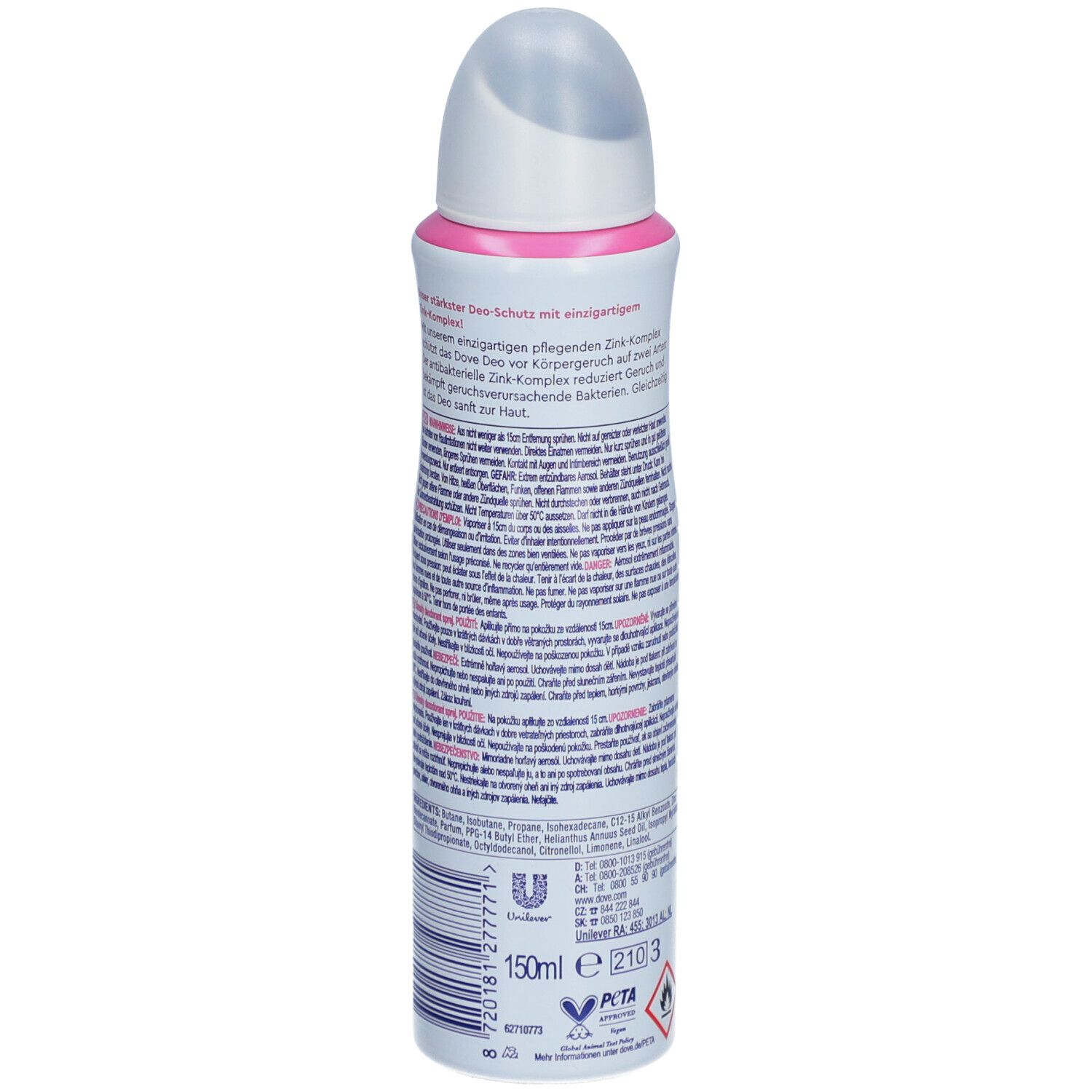 Spray déodorant Dove, dos. Texte en plusieurs langues. Contient des informations sur les ingrédients et le fabricant.