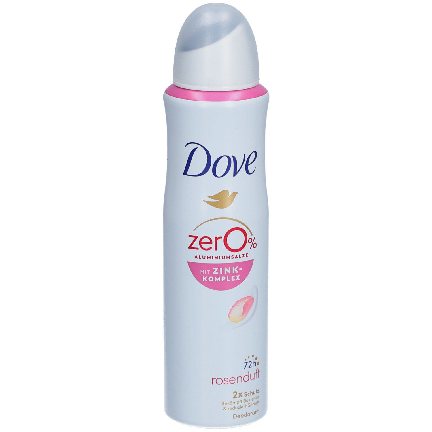 Spray déodorant Dove, blanc avec accents roses. Inscription Dove, zero 0%, complexe de zinc, parfum de rose. Protection 72h.