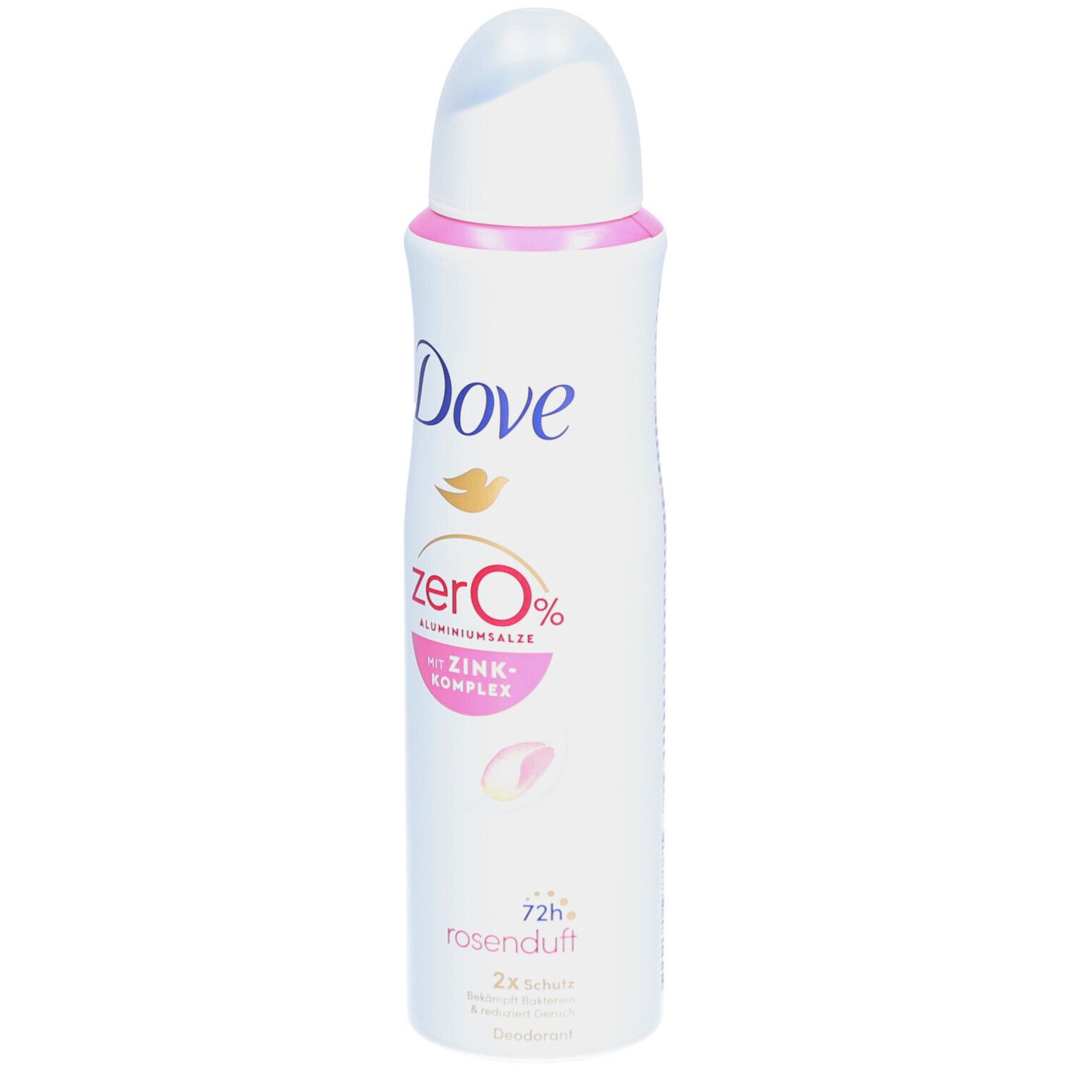 Spray déodorant Dove, blanc avec accents roses. Inscription Dove, zero 0%, complexe de zinc, parfum de rose. Protection 72h.