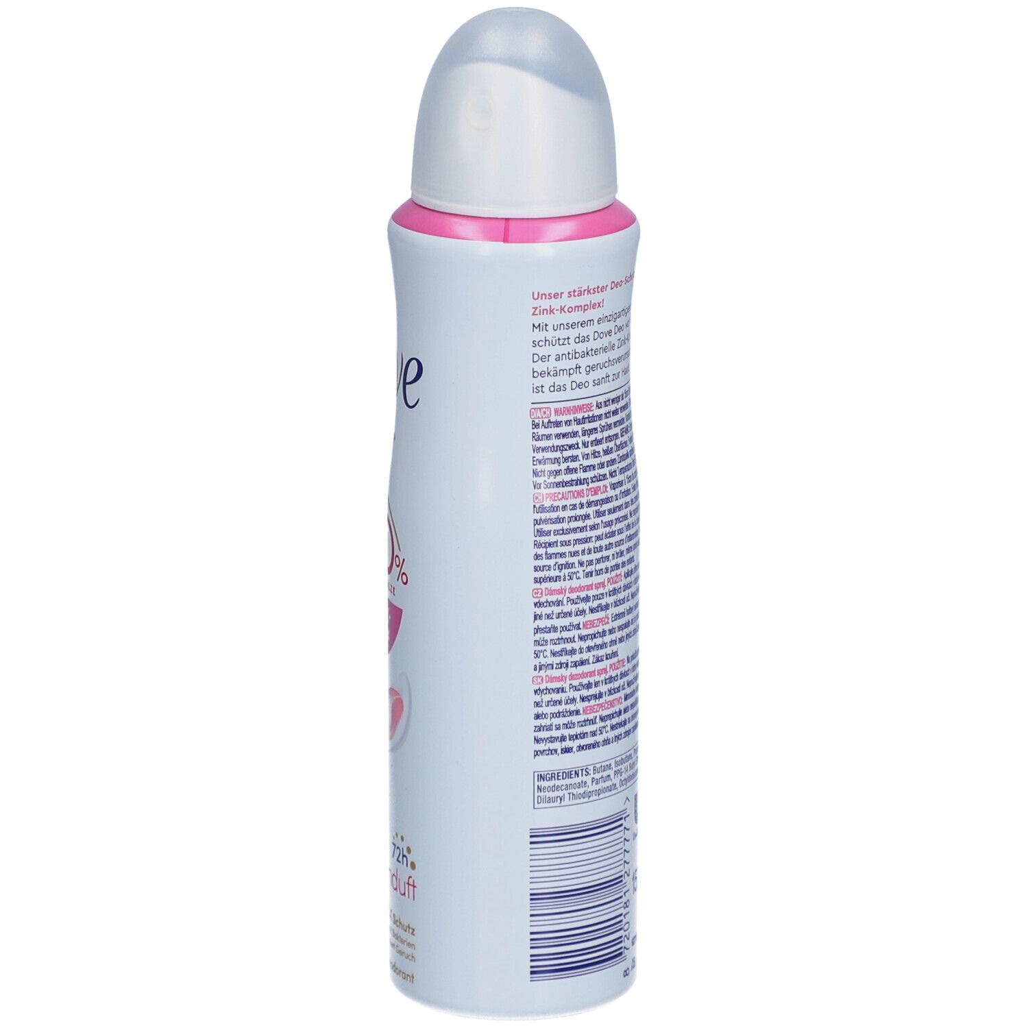 Spray déodorant Dove, dos. Texte en plusieurs langues. Contient des informations sur les ingrédients et le fabricant.