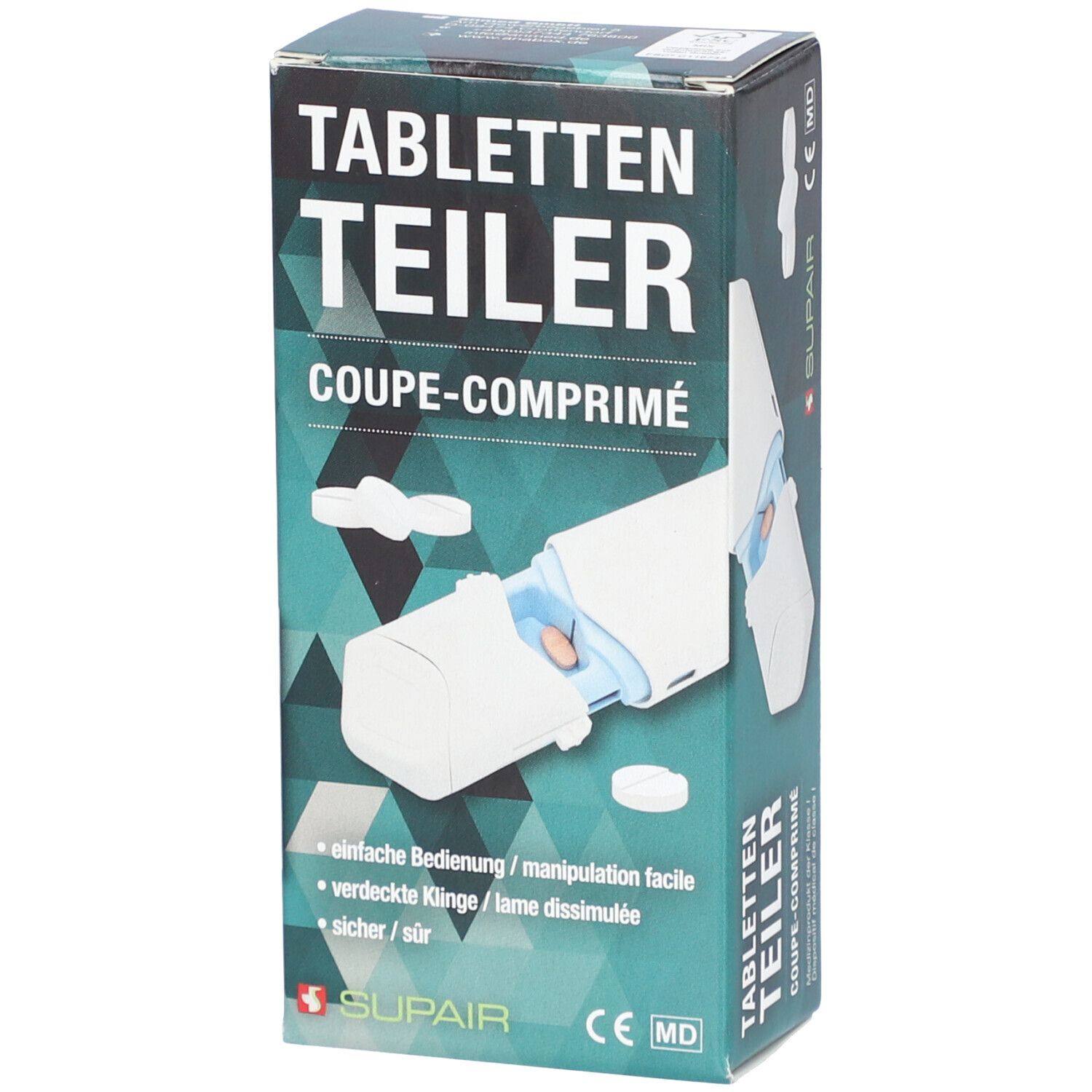 Verpackung SUPAIR Tabletten Teiler. Produktabbildung und Produktname. Grün-weiße Farbgebung.