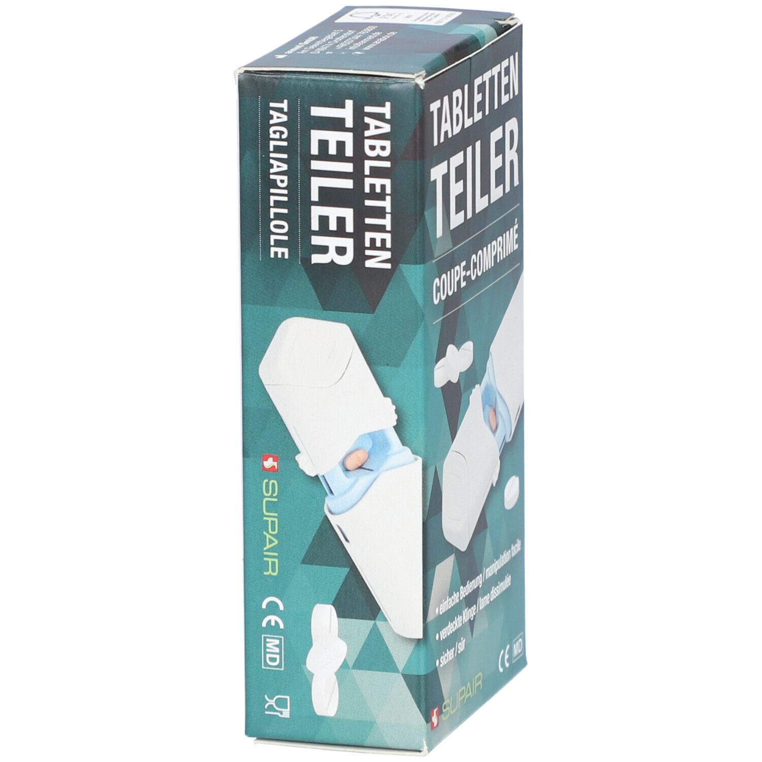 Verpackung SUPAIR Tabletten Teiler. Produktabbildung und Produktname. Grün-weiße Farbgebung.