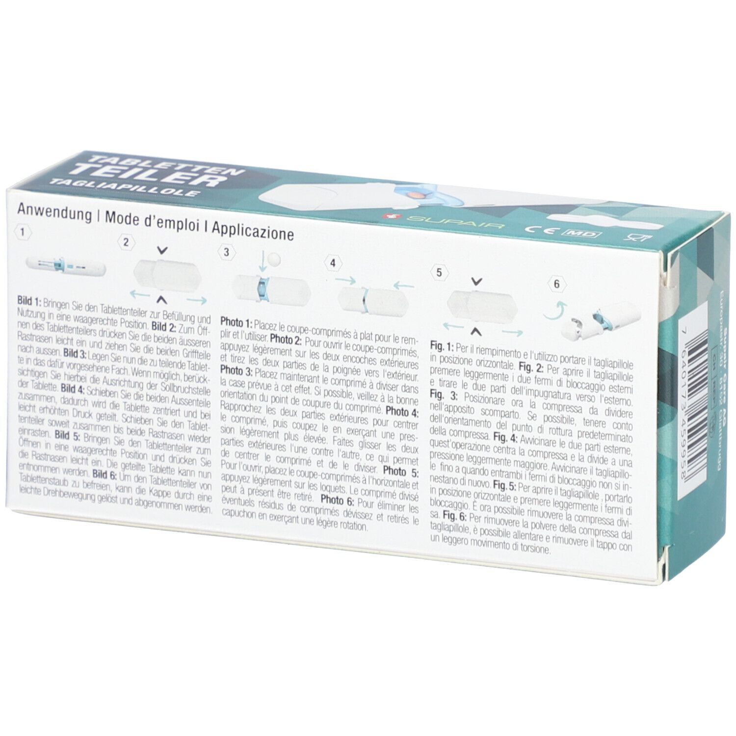 Rückseite der Verpackung SUPAIR Tabletten Teiler. Anwendungshinweise in mehreren Sprachen.