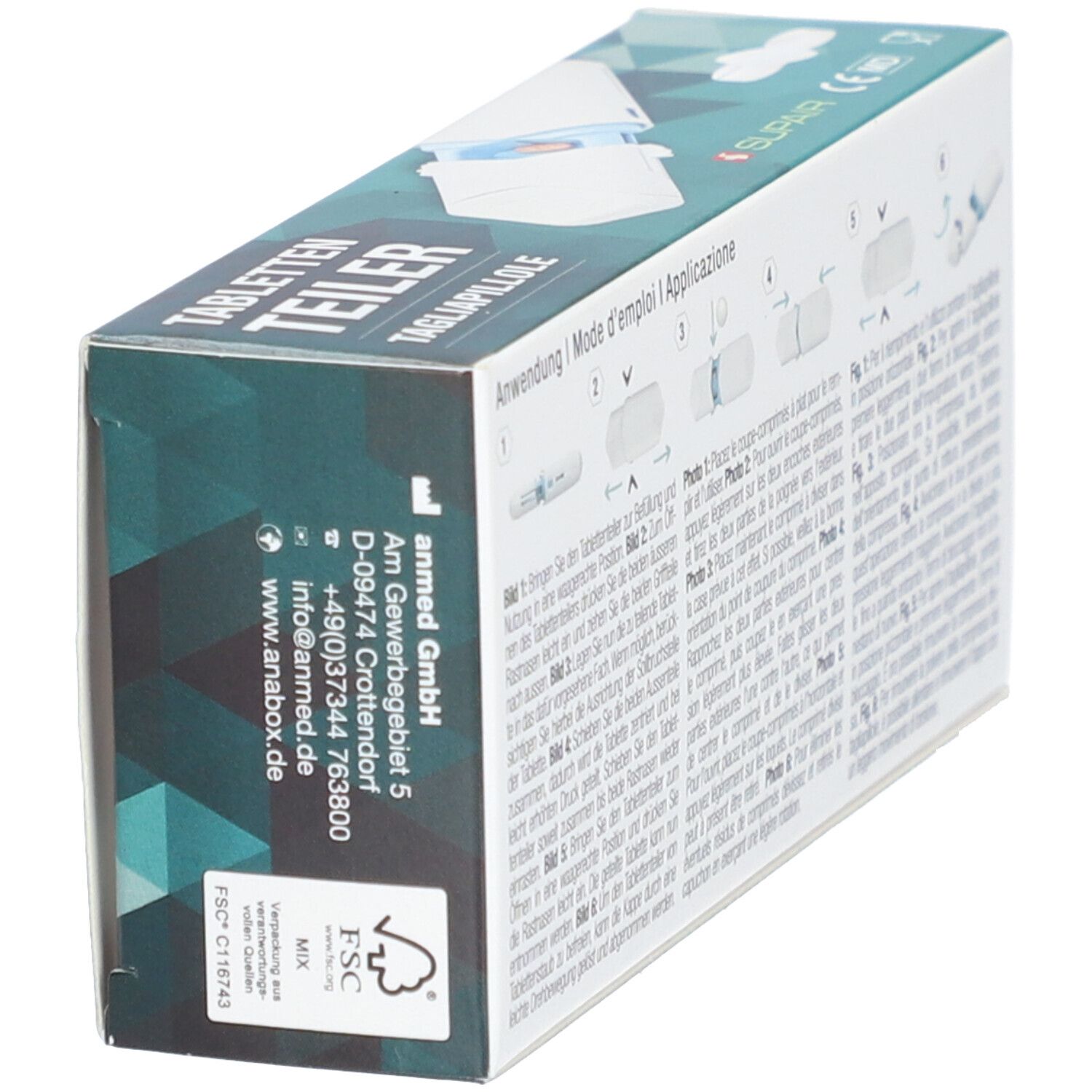 Verpackung SUPAIR Tabletten Teiler. Herstellerinformationen und FSC-Logo.