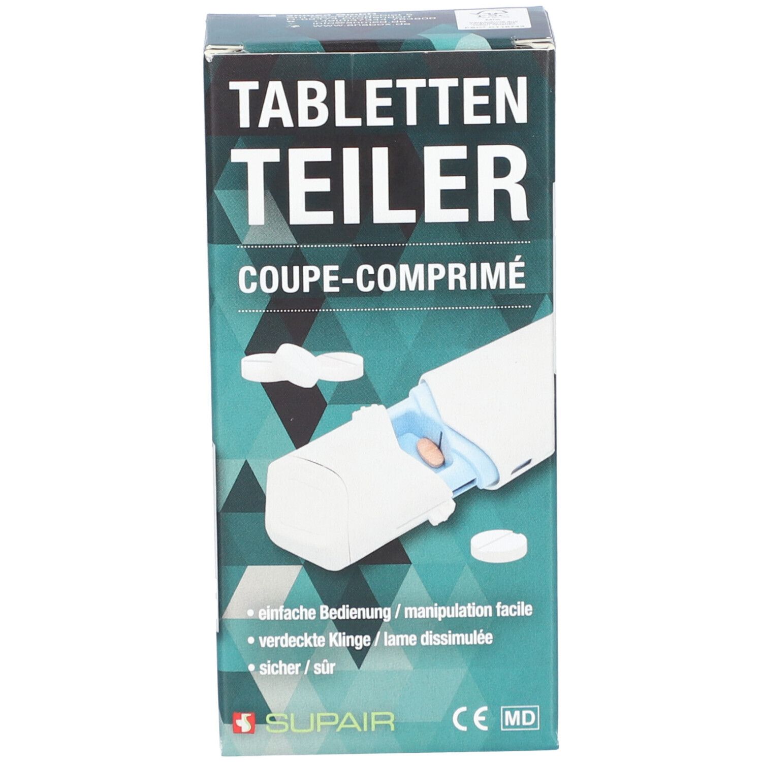 Verpackung SUPAIR Tabletten Teiler. Produktabbildung und Produktname. Grün-weiße Farbgebung.