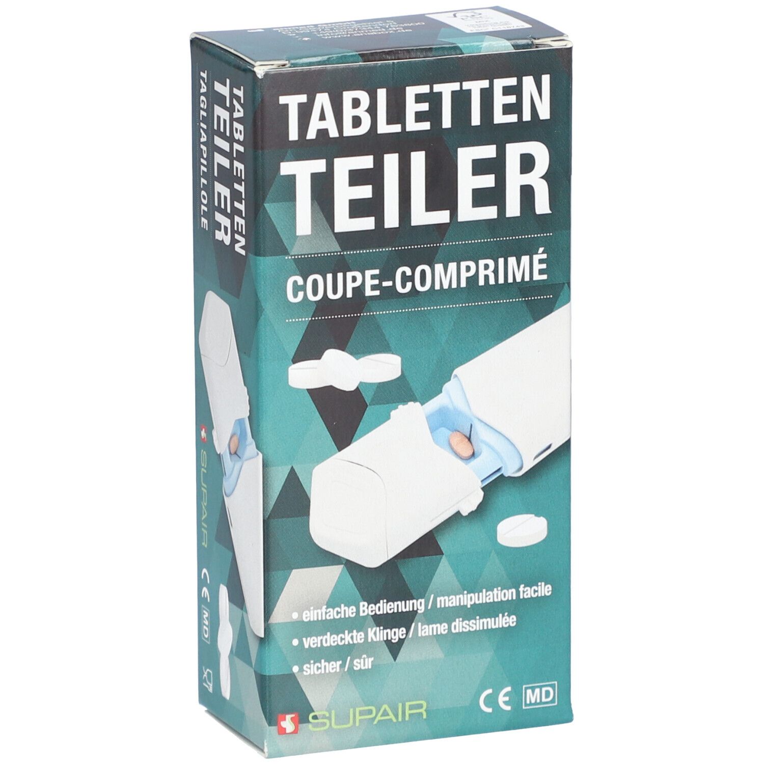 Verpackung SUPAIR Tabletten Teiler. Produktabbildung und Produktname. Grün-weiße Farbgebung.