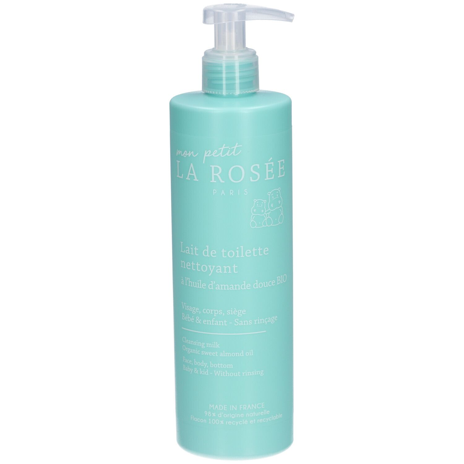 Flacon turquoise avec pompe. Inscription: LA ROSÉE Baby Lait de toilette nettoyant. Huile d'amande douce bio. Visage, corps, bébé.