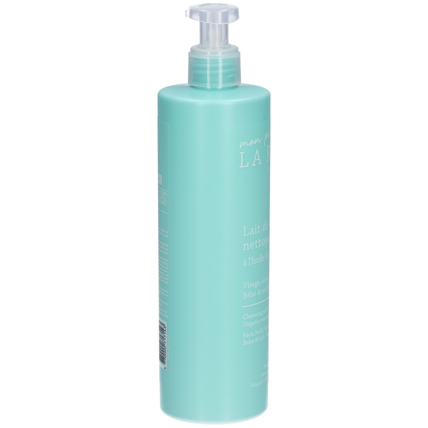 Flacon turquoise avec pompe. Inscription: LA ROSÉE Baby Lait de toilette nettoyant. Informations produit et code-barres au dos.