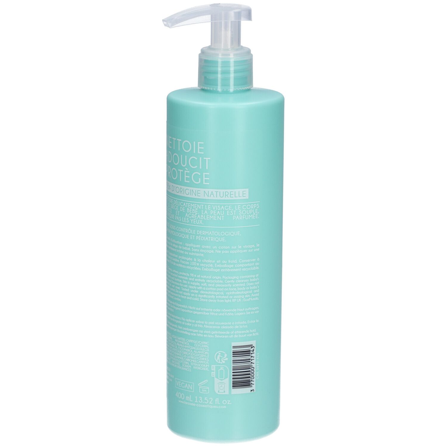 Flacon turquoise avec pompe. Inscription: Lait de toilette, 98% d'origine naturelle. Informations produit au dos.