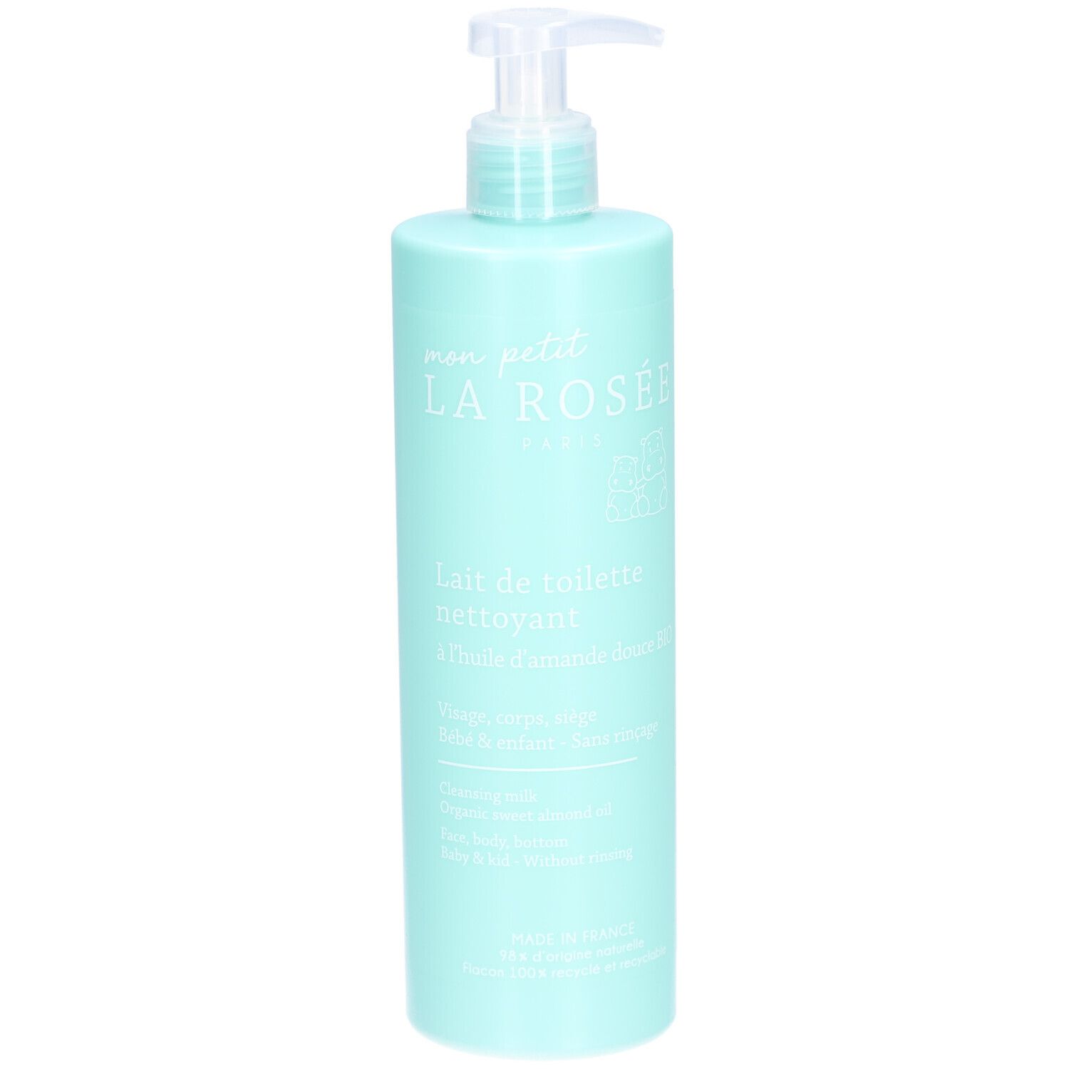 Flacon turquoise avec pompe. Inscription: LA ROSÉE Baby Lait de toilette nettoyant. Huile d'amande douce bio. Visage, corps, bébé.