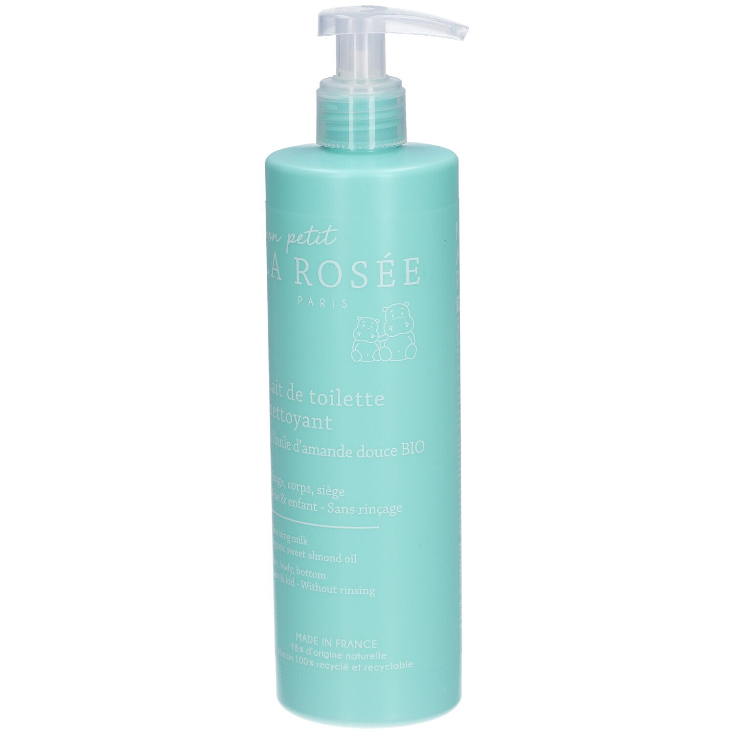 Flacon turquoise avec pompe. Inscription: LA ROSÉE Baby Lait de toilette nettoyant. Huile d'amande douce bio. Visage, corps, bébé.
