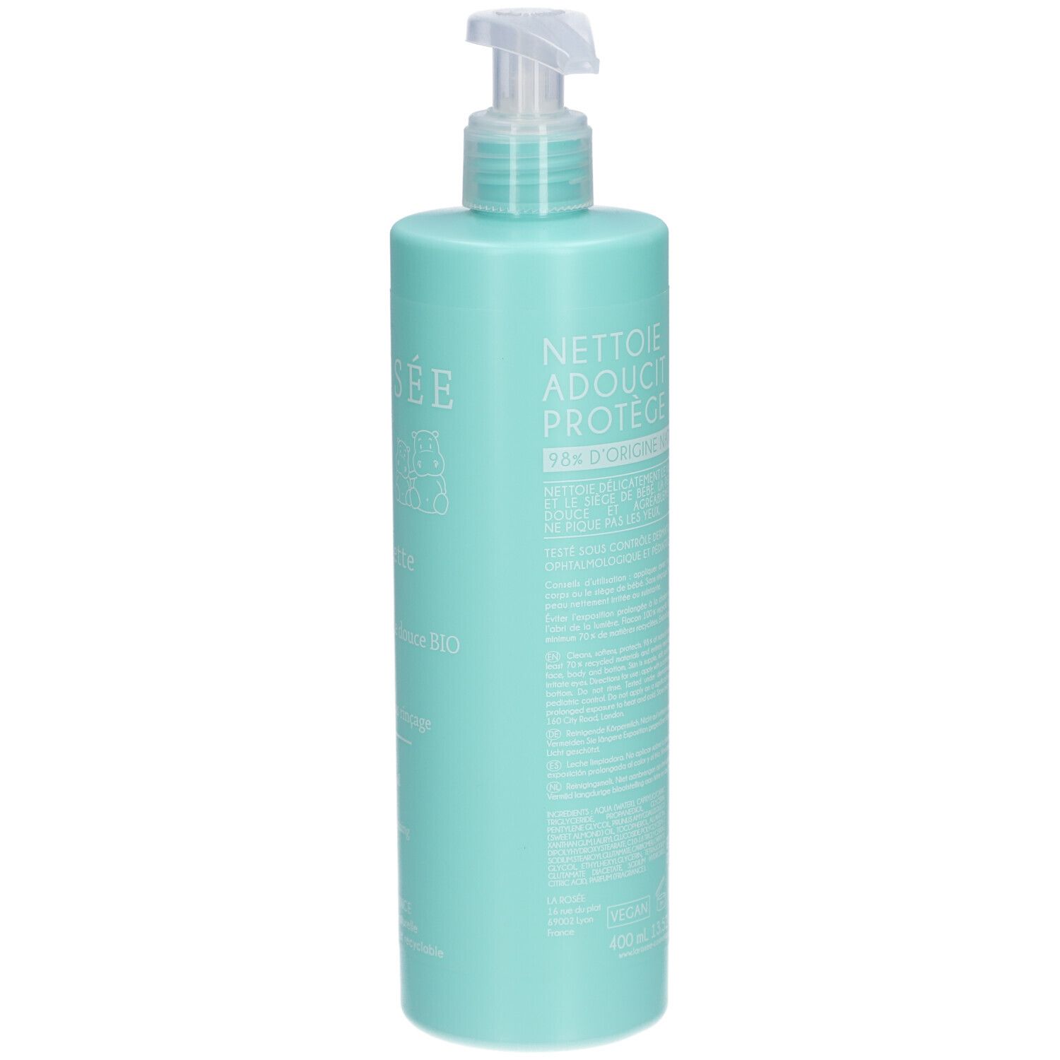 Flacon turquoise avec pompe. Inscription: Lait de toilette, 98% d'origine naturelle. Informations produit au dos.
