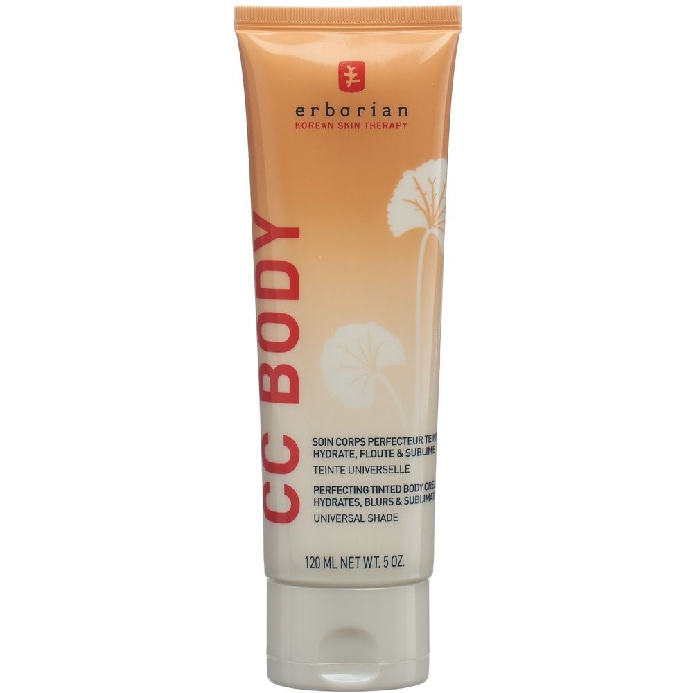 Beige Tube mit roter Aufschrift "CC BODY". Marke: Erborian. Text: "Teinte Universelle". 120 ml.