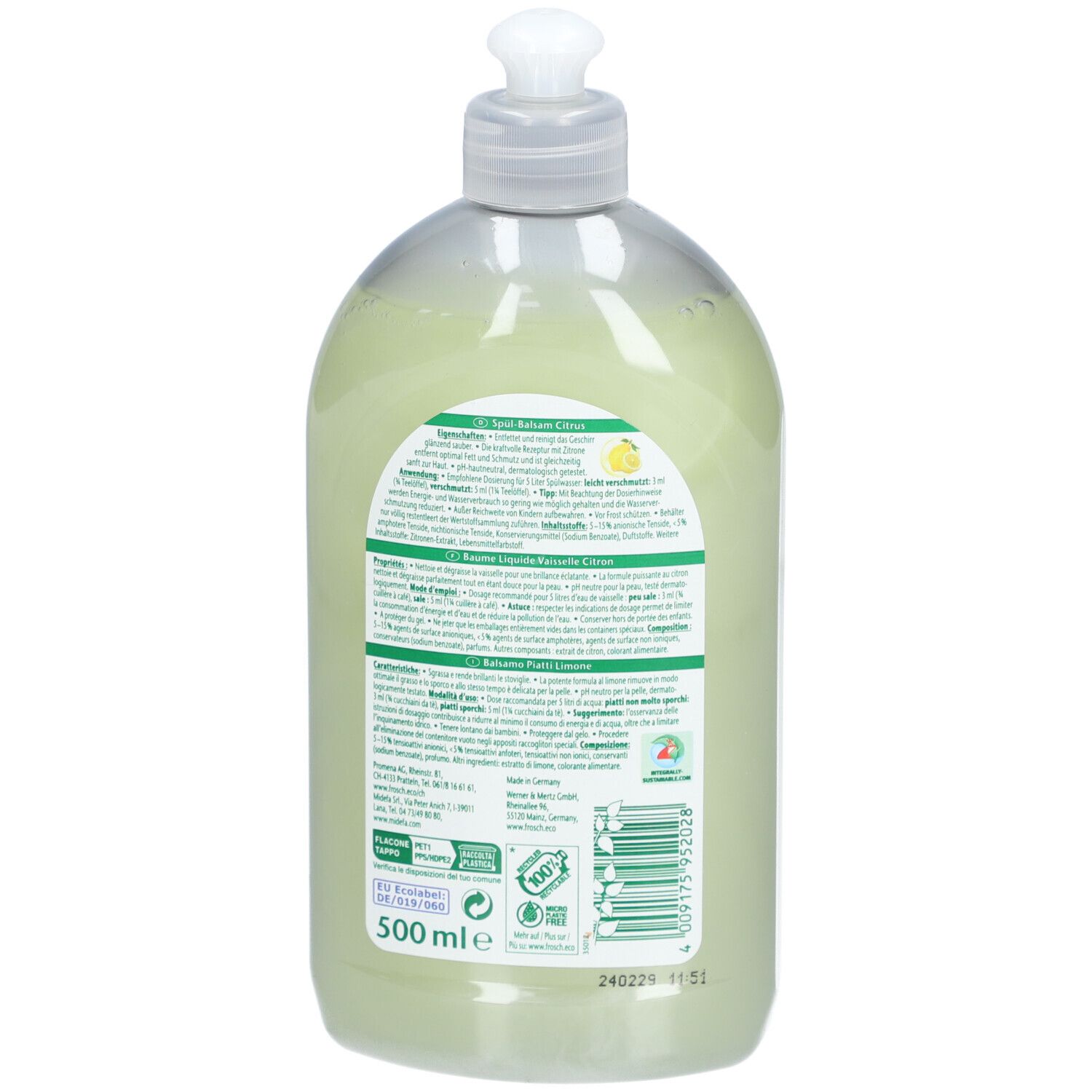 Rückseite der Spülmittelflasche. Text in mehreren Sprachen. Barcode und Angaben zur Inhaltsmenge.