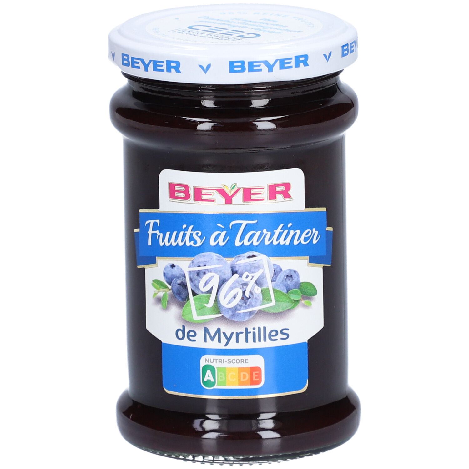 Glas mit Blaubeer-Fruchtaufstrich. Deckel mit "BEYER"-Logo. Etikett mit "Fruits à Tartiner" und "96% de Myrtilles".