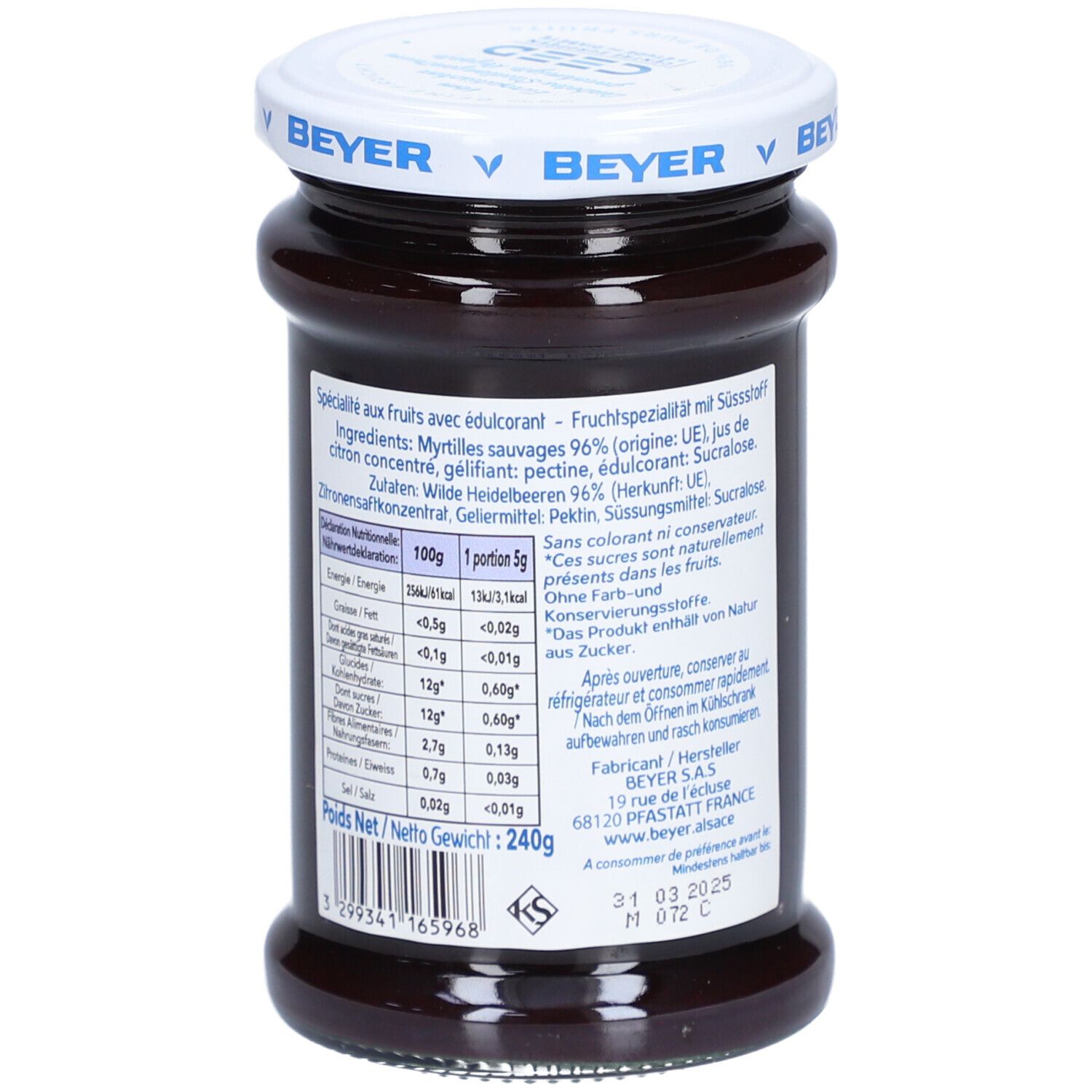 Rückseite des Glases mit Blaubeer-Fruchtaufstrich. Etikett mit Zutaten, Nährwertangaben und Herstellerinformationen.
