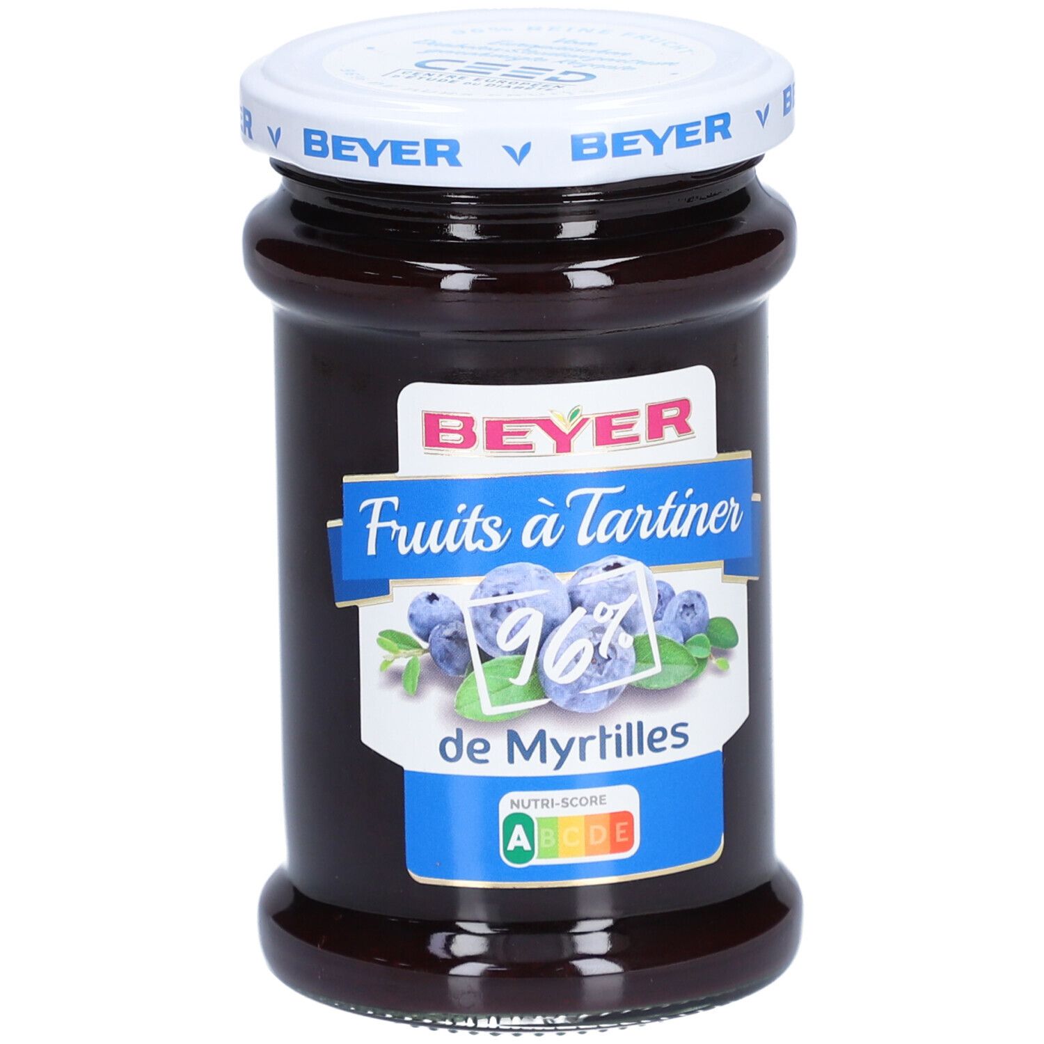 Glas mit Blaubeer-Fruchtaufstrich. Deckel mit "BEYER"-Logo. Etikett mit "Fruits à Tartiner" und "96% de Myrtilles".