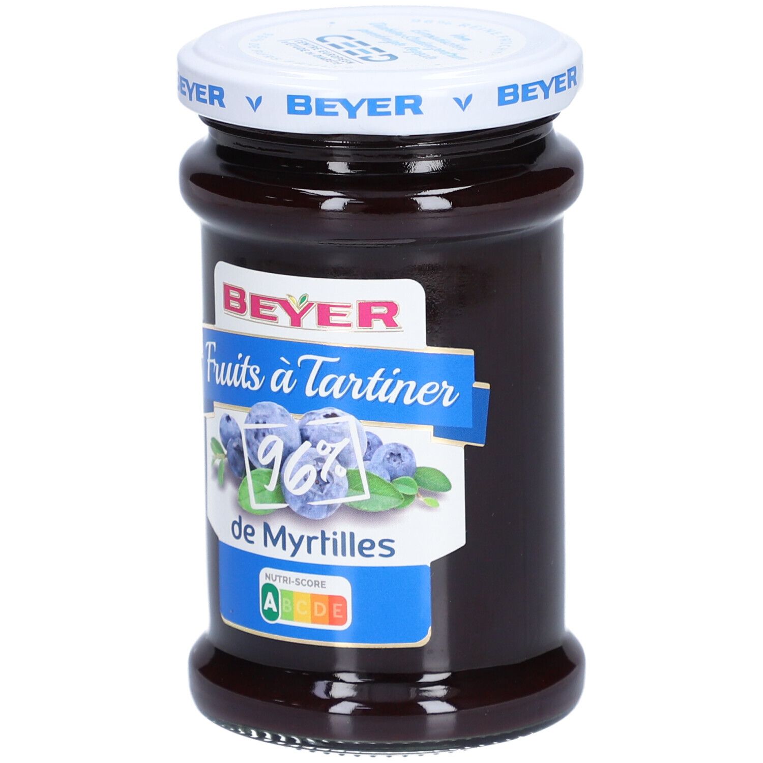 Glas mit Blaubeer-Fruchtaufstrich. Deckel mit "BEYER"-Logo. Etikett mit "Fruits à Tartiner" und "96% de Myrtilles".