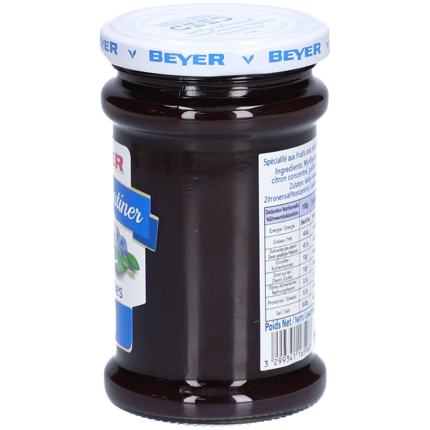 Glas mit Blaubeer-Fruchtaufstrich. Seitenansicht. Deckel mit "BEYER"-Logo. Etikett mit Produktinformationen.