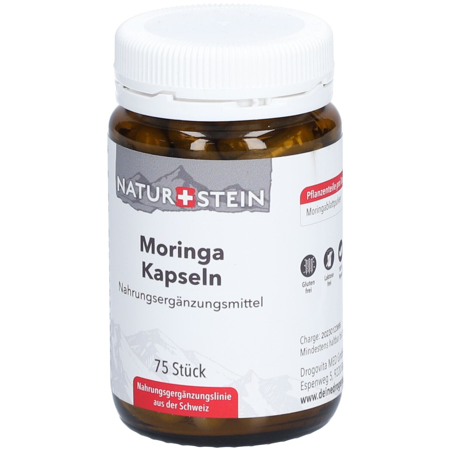 Braune Glasflasche mit weißen Deckel. Etikett mit 'NATUR+STEIN Moringa Kapseln'. 75 Stück. Nahrungsergänzungsmittel. Glutenfrei, laktosefrei, vegan.