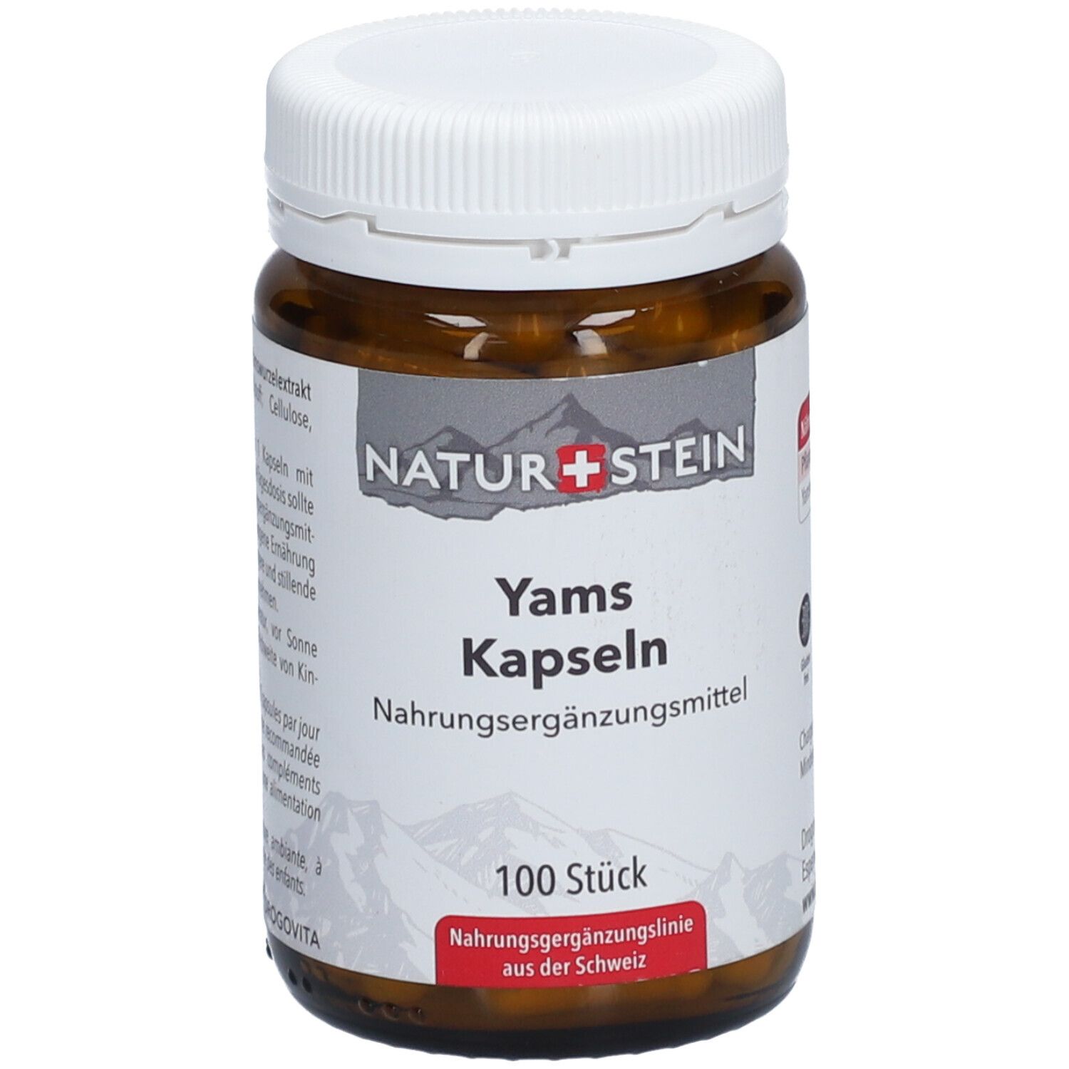 Braune Glasflasche mit weißen Deckel. Etikett mit Produktnamen und Informationen. NATURSTEIN Yams Kapseln, 100 Stück.