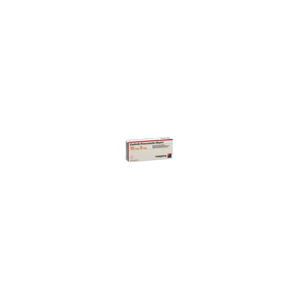 EZETIMIB ROSUVAST Mepha Filmtabl 10mg/5mg Packung. Aufschrift: 10 mg/5 mg, Mepha. Rechteckige Verpackung, weiß, rot und grau.