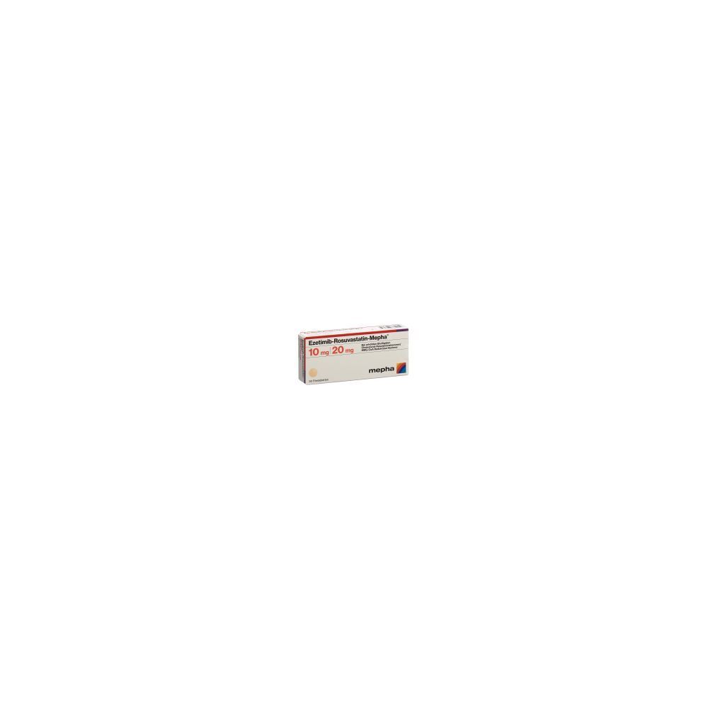 Karton EZETIMIB ROSUVAST Mepha Filmtabl. 10mg/20mg. Aufschrift: 10 mg, 20 mg. Marke: Mepha. Kleines rotes Logo.