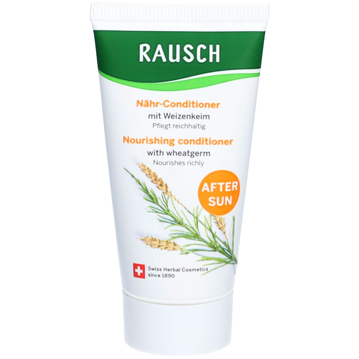 Tube mit RAUSCH-Logo und Schriftzug. "After Sun" und Weizenkeim-Hinweis. Schweizer Kreuz.