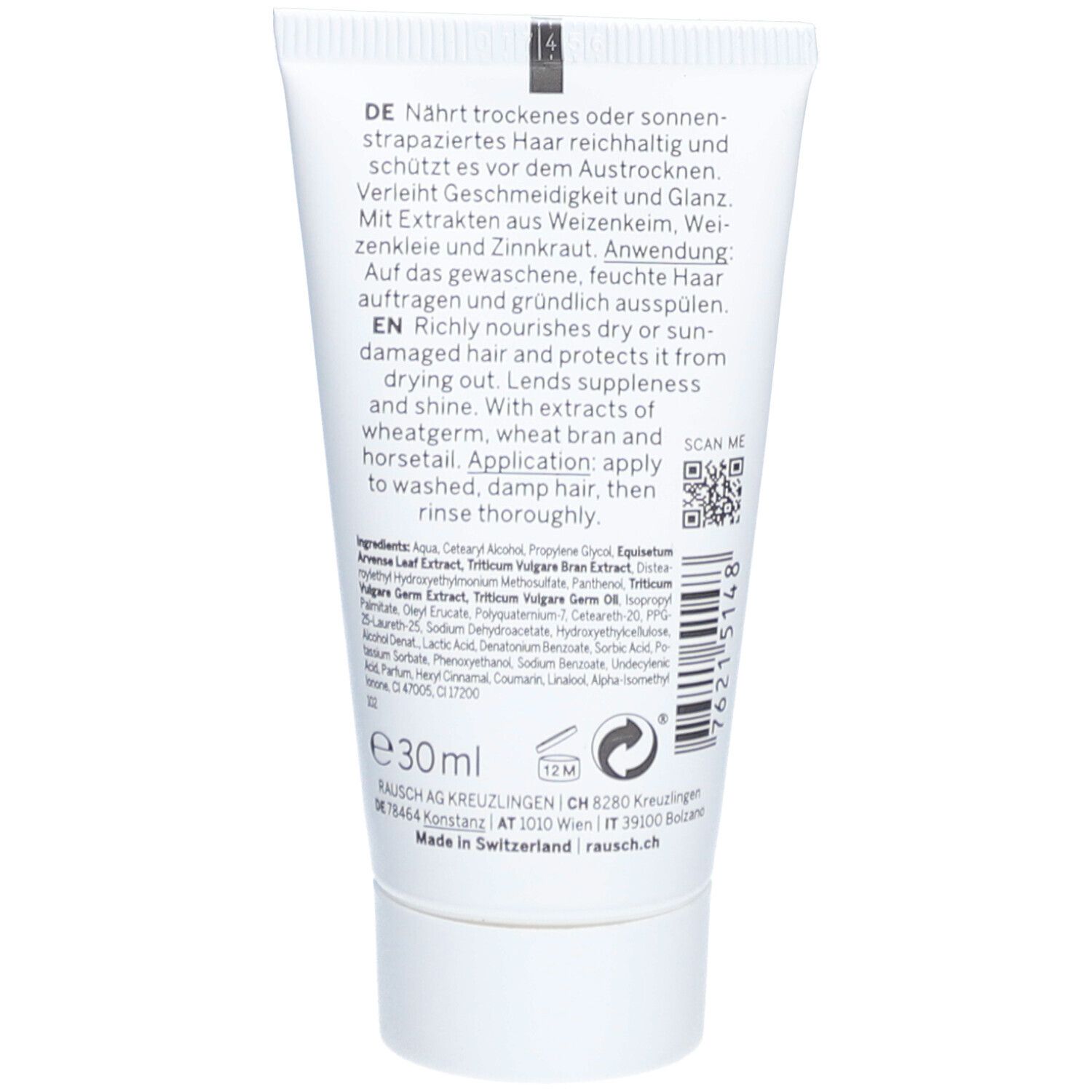 Rückseite der Tube. Text mit Inhaltsstoffen und Anwendungshinweisen. QR-Code und Produktionsangaben.