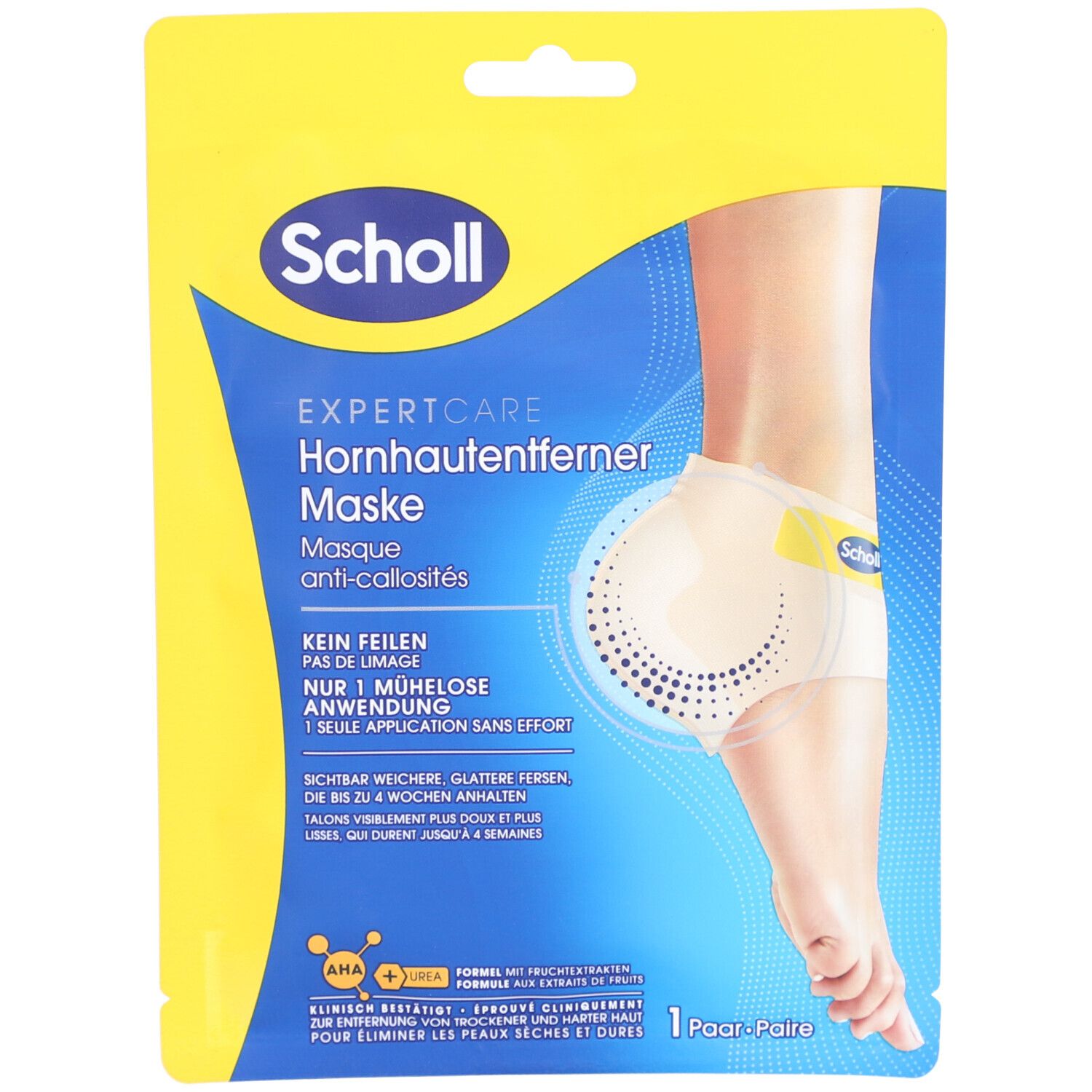 Scholl Expert Care Fußmaske in gelber Verpackung. Produktabbildung mit Fuß. Text: Expert Care, Hornhautentferner, Maske.