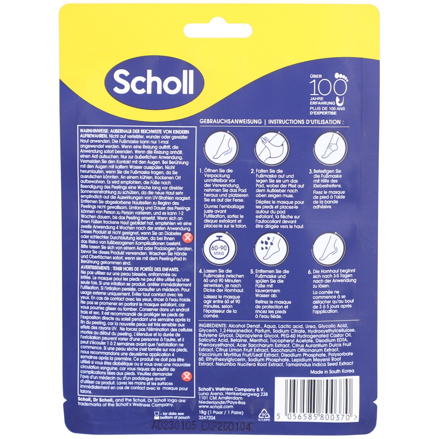 Rückseite der Scholl Expert Care Fußmasken-Verpackung. Enthält Gebrauchsanweisung und Inhaltsstoffe. Blau-gelbes Design.
