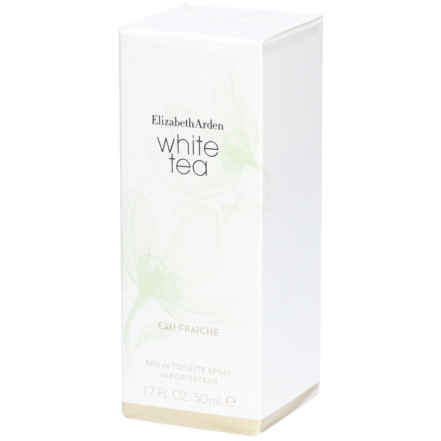 Weiße rechteckige Schachtel. Aufschrift: Elizabeth Arden White Tea Eau Fraîche. 1.7 FL.OZ. 50 ml e.