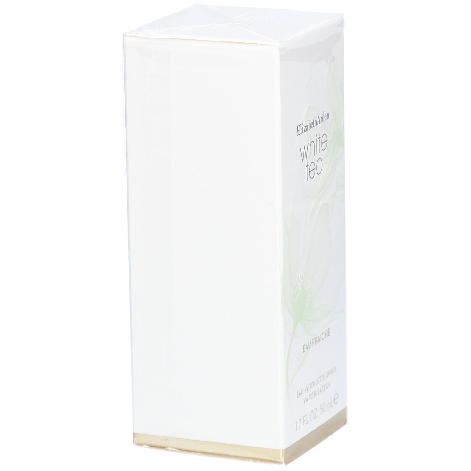 Weiße rechteckige Schachtel. Aufschrift: Elizabeth Arden White Tea Eau Fraîche. 1.7 FL.OZ. 50 ml e.