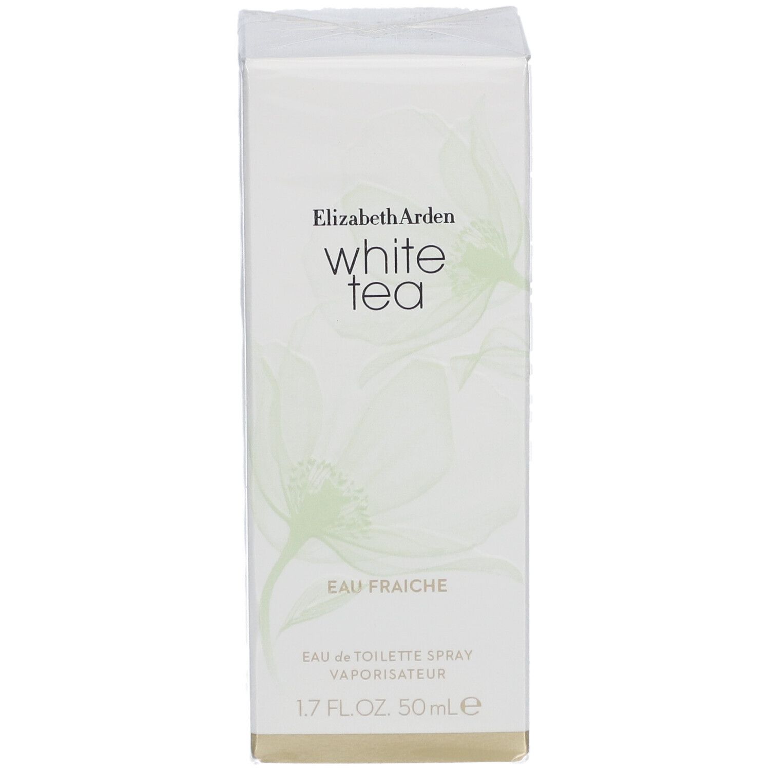 Weiße rechteckige Schachtel. Aufschrift: Elizabeth Arden White Tea Eau Fraîche. 1.7 FL.OZ. 50 ml e.