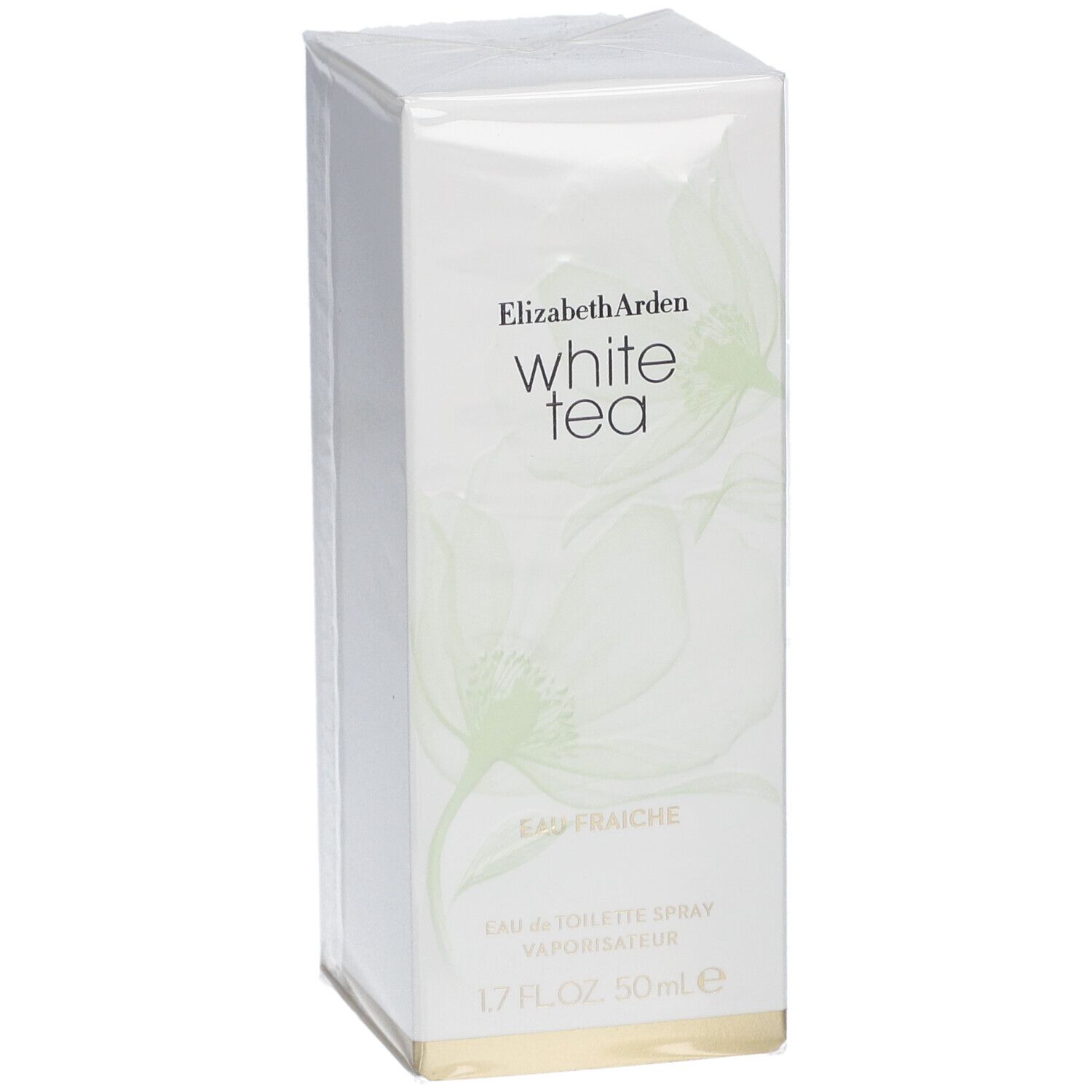 Weiße rechteckige Schachtel. Aufschrift: Elizabeth Arden White Tea Eau Fraîche. 1.7 FL.OZ. 50 ml e.