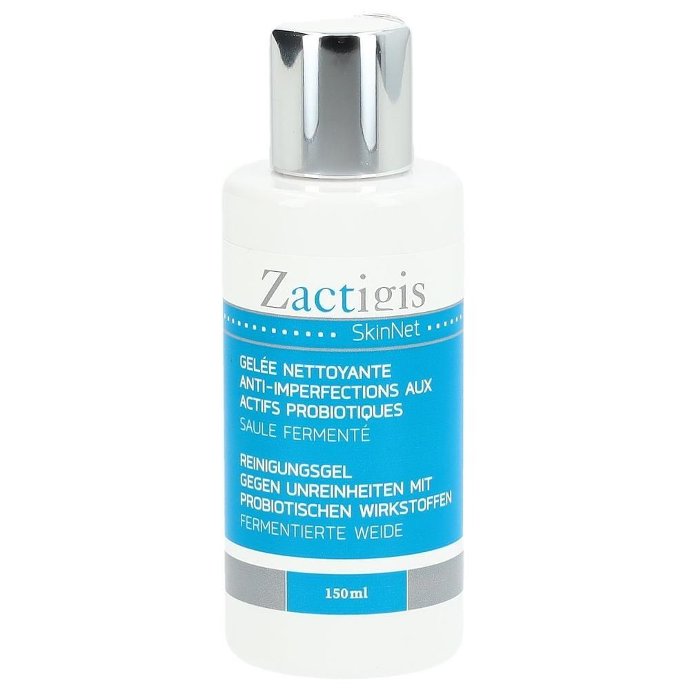 Weiße Flasche mit silbernem Deckel. Blaue Etikett mit Text: Zactigis, Reinigungs-Gel, Anti-Unreinheiten. 150ml.