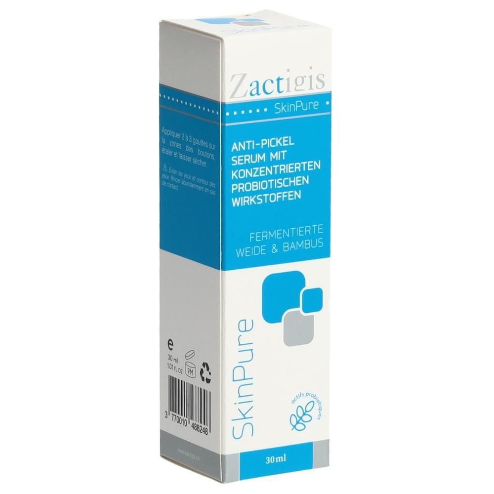 Kartonverpackung mit Produktinformationen. Text: Zactigis SkinPure, Anti-Pickel Serum, fermentierte Weide & Bambus.