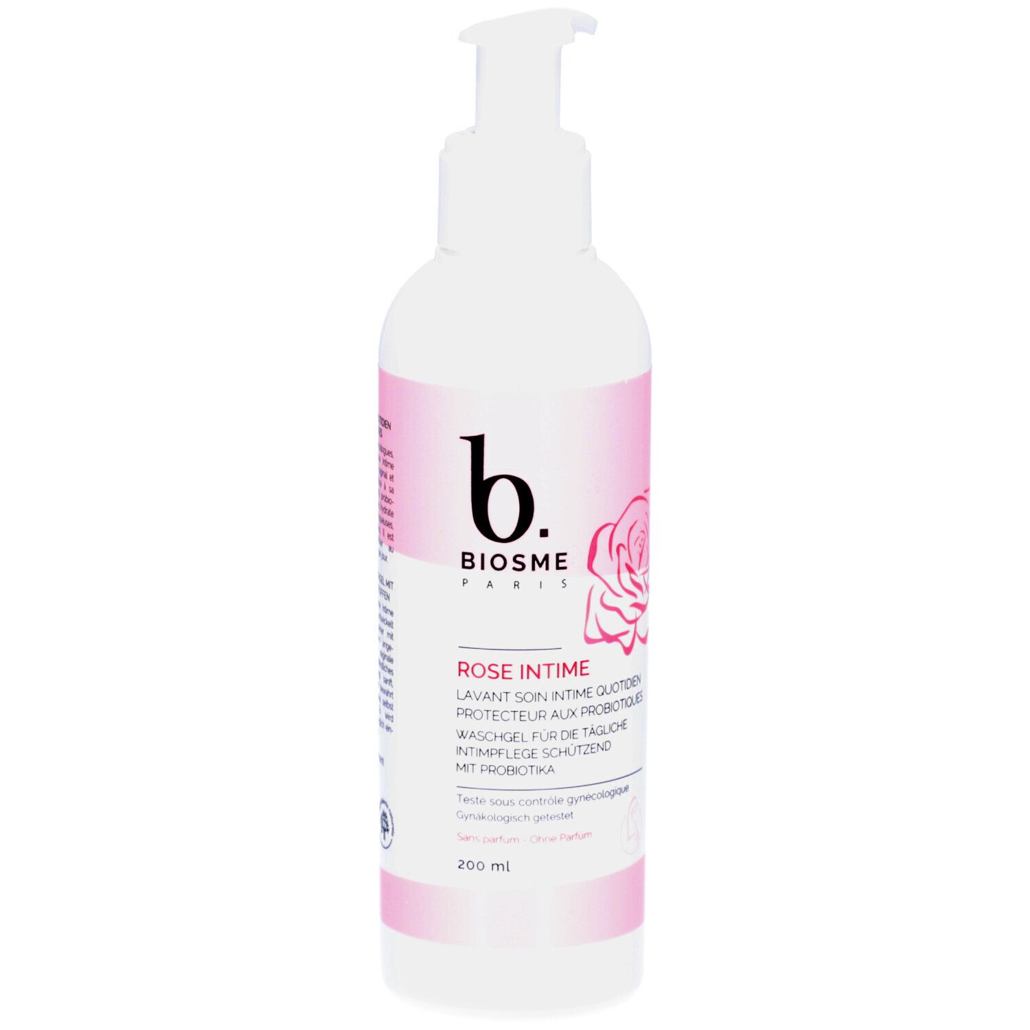 Weißer Spender mit rosa Akzenten. Aufdruck: b. BIOSME PARIS, Rose Intime, Waschgel. Mit Dosierpumpe.