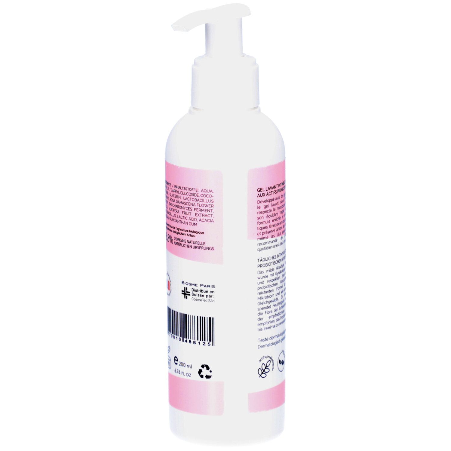 Rückseite des weißen Spenders. Text in mehreren Sprachen. Barcode, Inhaltsstoffe, Zertifizierungen.