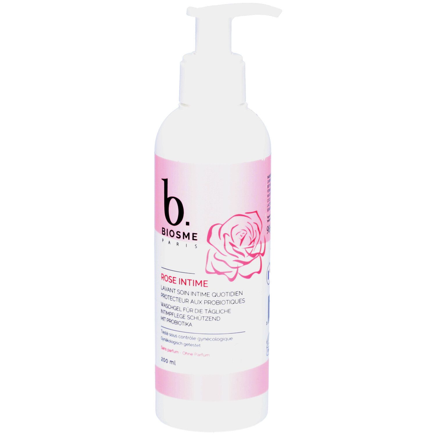Weißer Spender mit rosa Akzenten. Aufdruck: b. BIOSME PARIS, Rose Intime, Waschgel. Mit Dosierpumpe.