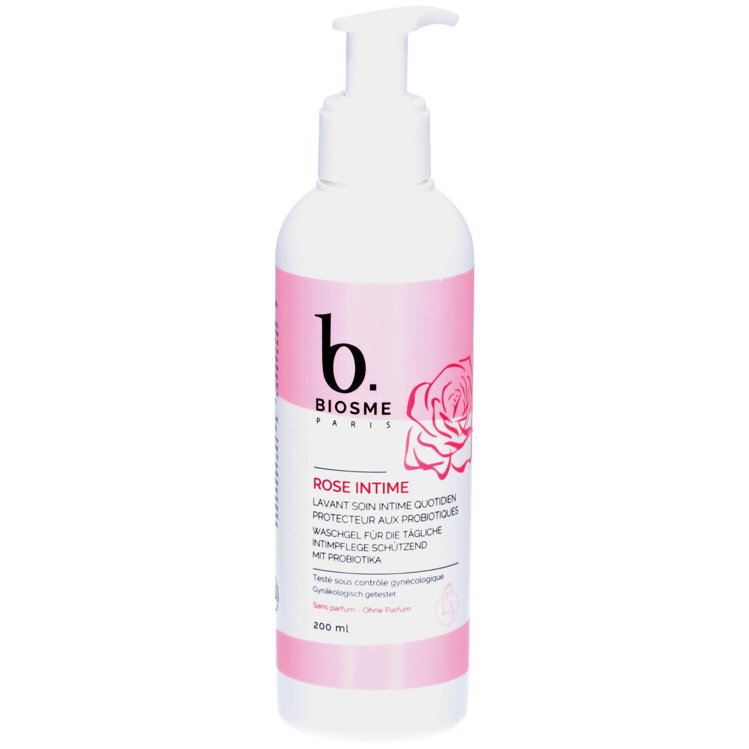 Weißer Spender mit rosa Akzenten. Aufdruck: b. BIOSME PARIS, Rose Intime, Waschgel. Mit Dosierpumpe.