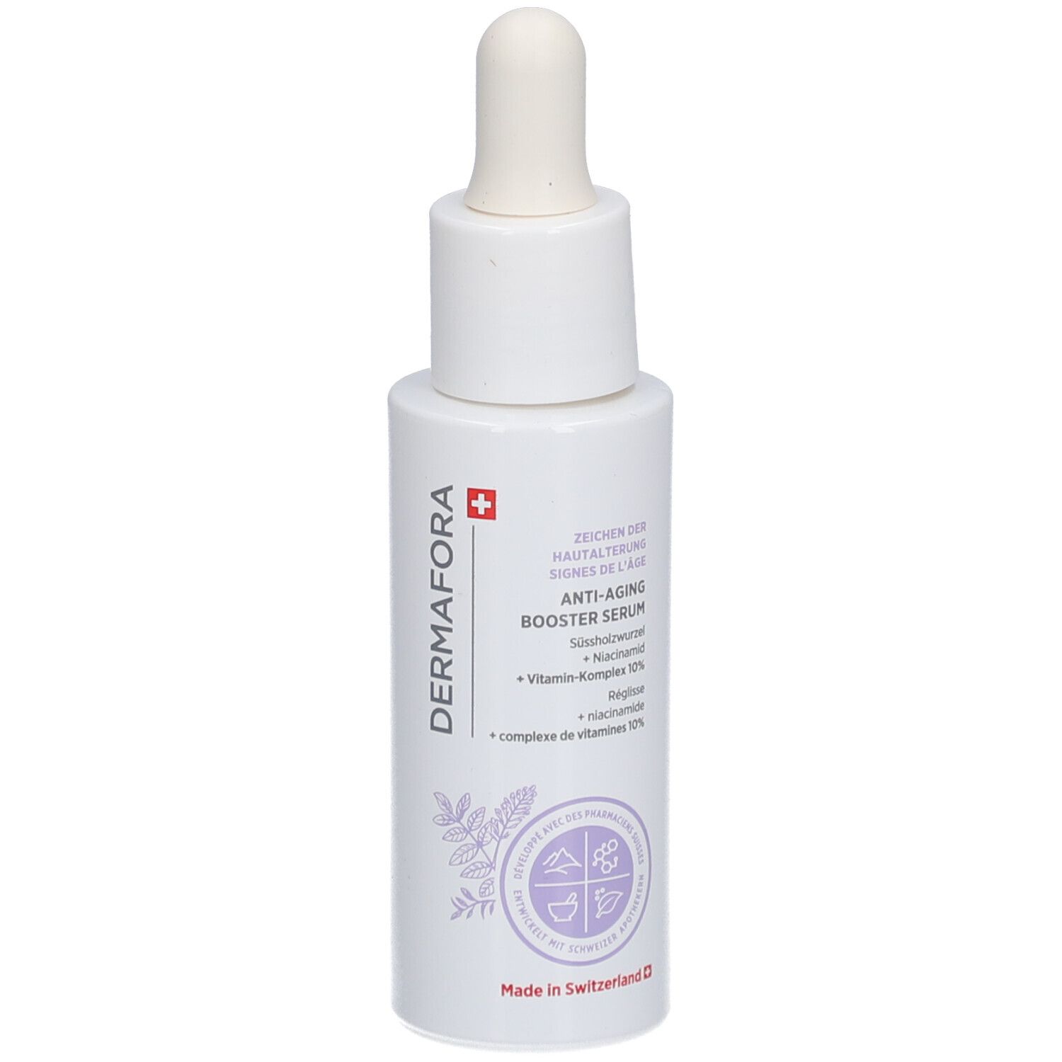 Weiße Flasche mit Pipette. Aufschrift: Dermafora, Anti-Aging Booster Serum. Schweizer Kreuz.