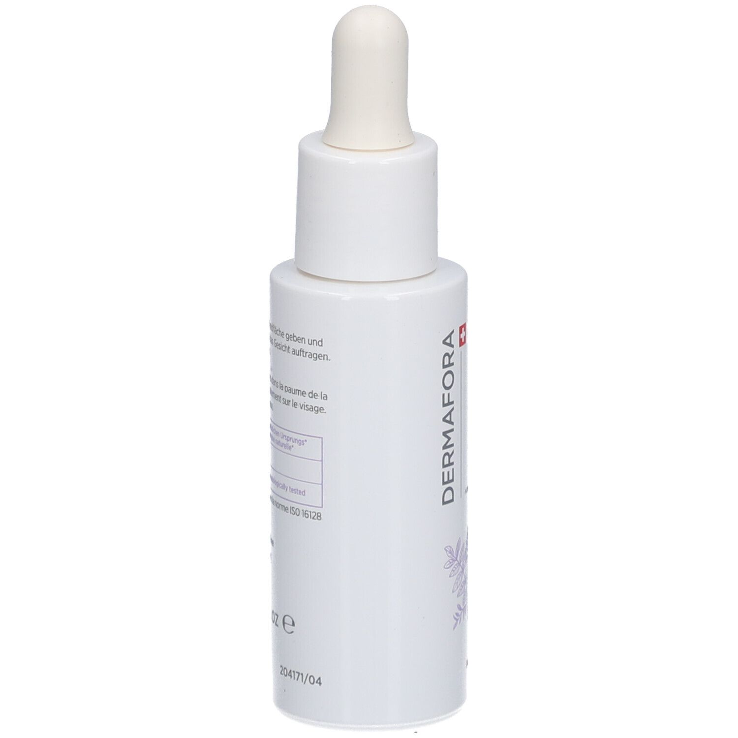 Weiße Flasche mit Pipette. Aufschrift: Dermafora. Text und Symbole auf der Rückseite.