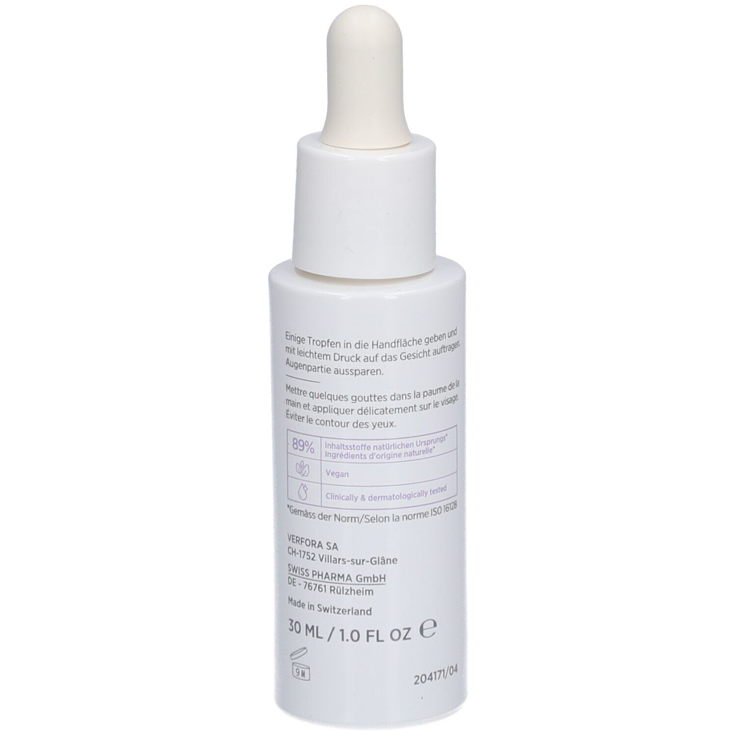 Weiße Flasche mit Pipette. Text und Symbole auf der Rückseite. 30 ml / 1.0 FL OZ e.