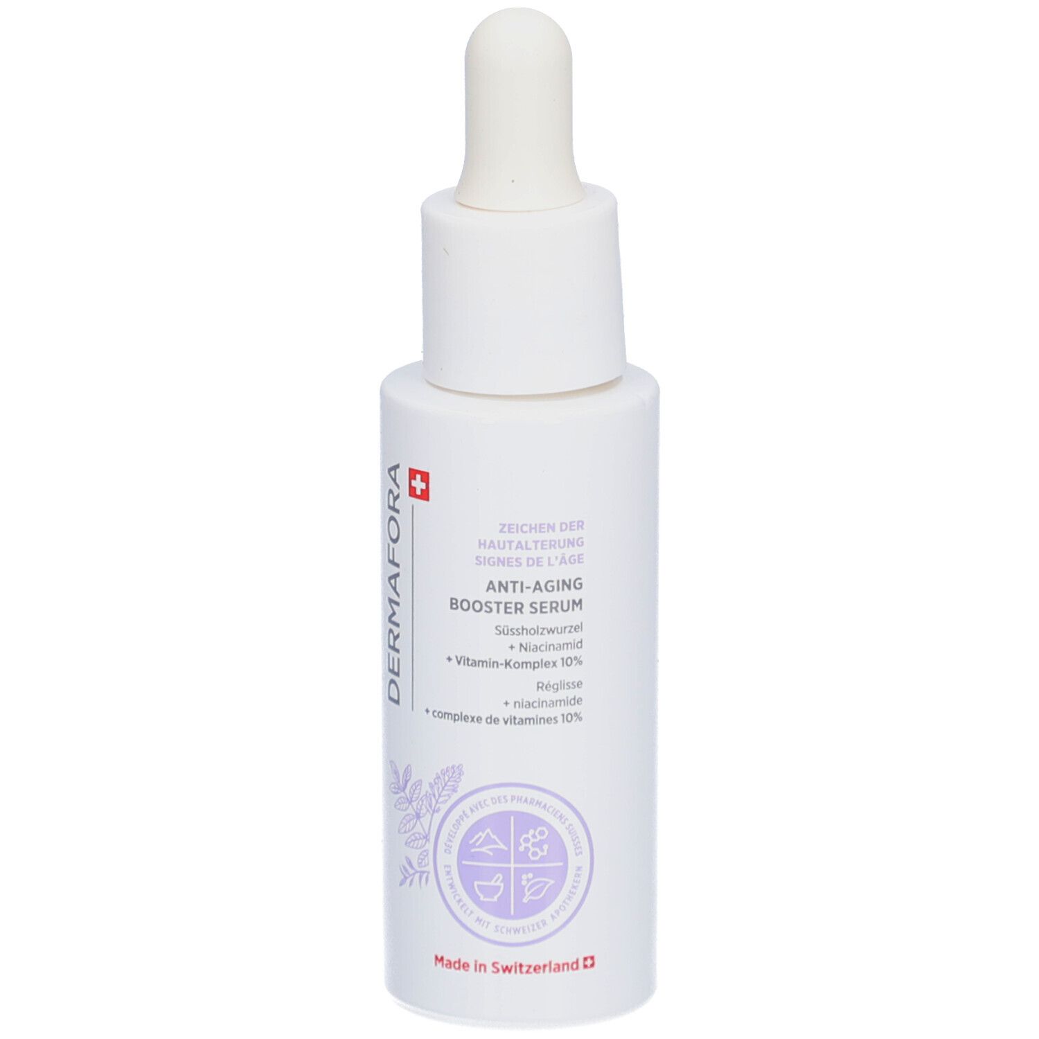 Weiße Flasche mit Pipette. Aufschrift: Dermafora, Anti-Aging Booster Serum. Schweizer Kreuz.