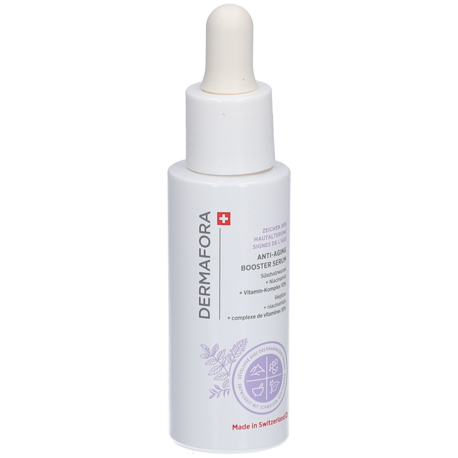 Weiße Flasche mit Pipette. Aufschrift: Dermafora, Anti-Aging Booster Serum. Schweizer Kreuz.