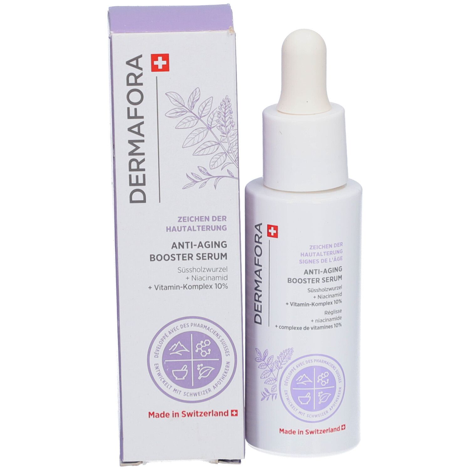 Produktverpackung mit Flasche und Pipette. Aufschrift: Dermafora, Anti-Aging Booster Serum. Schweizer Kreuz.