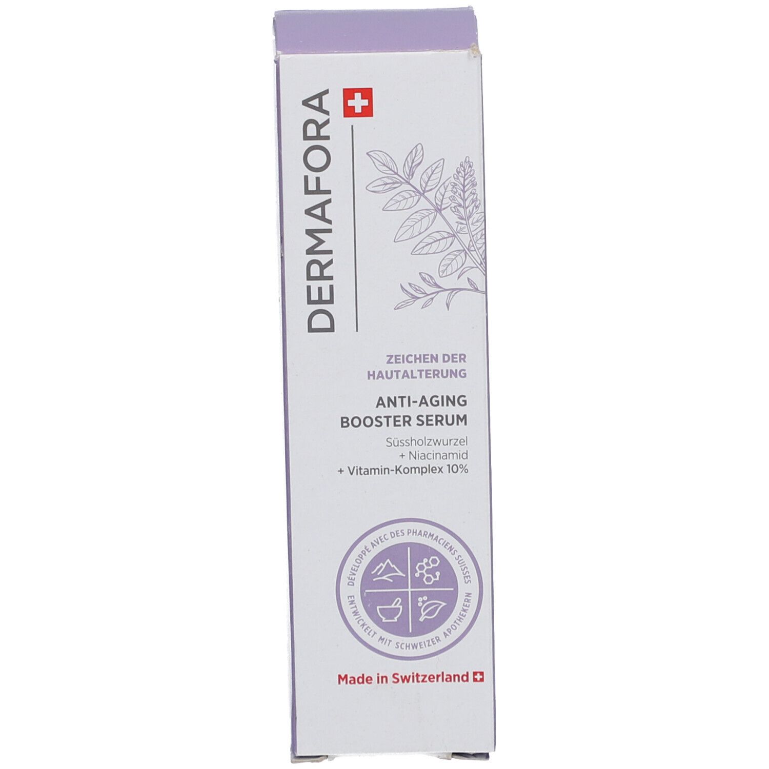 Produktverpackung. Aufschrift: Dermafora, Anti-Aging Booster Serum. Schweizer Kreuz.