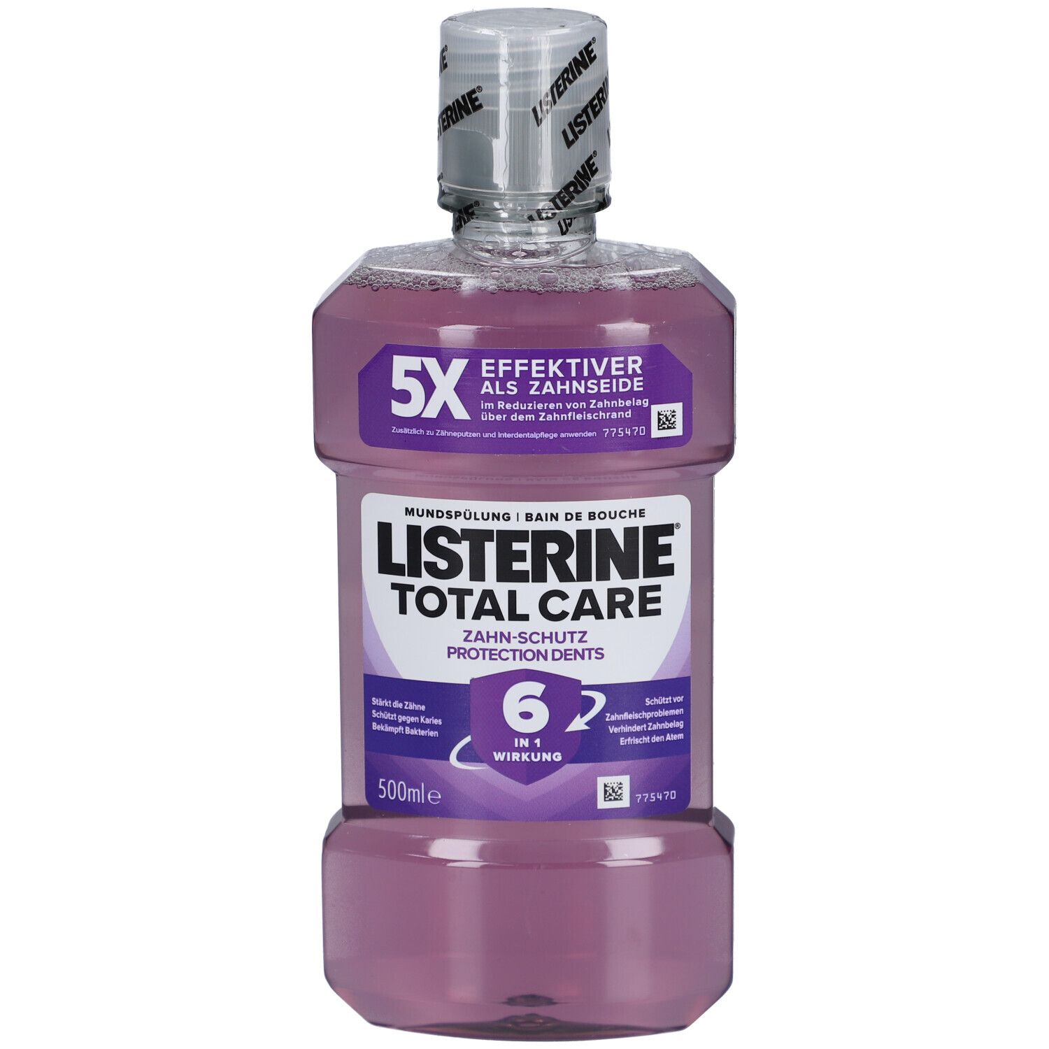 LISTERINE Total Care Schutz Beulen Mundspülung. Flasche mit lila Flüssigkeit. Etikett mit Produktinformationen und Logo.